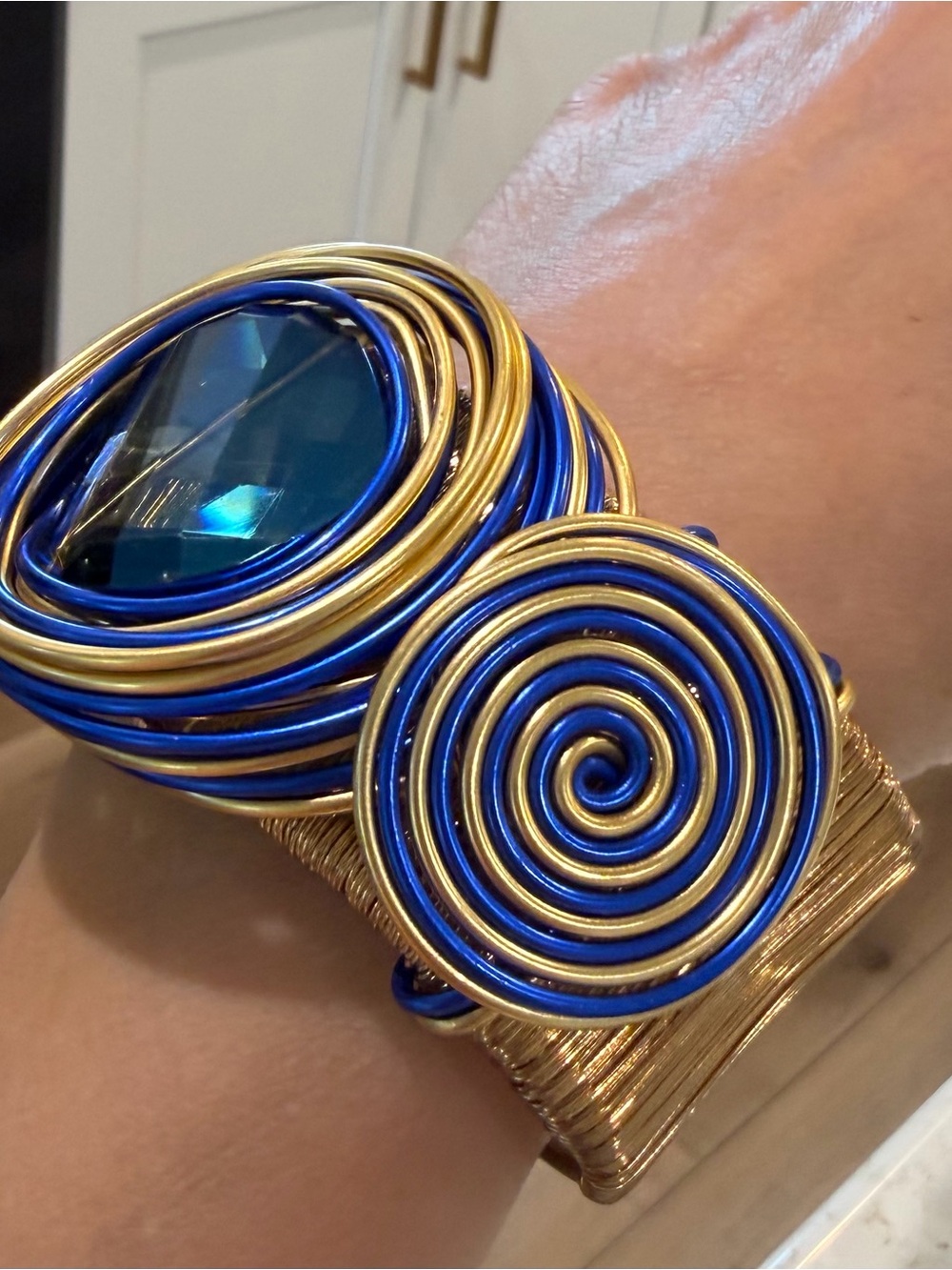 Bohemian Gold Wire-Wrapped Statement Cuff Bracelet with Blue stone